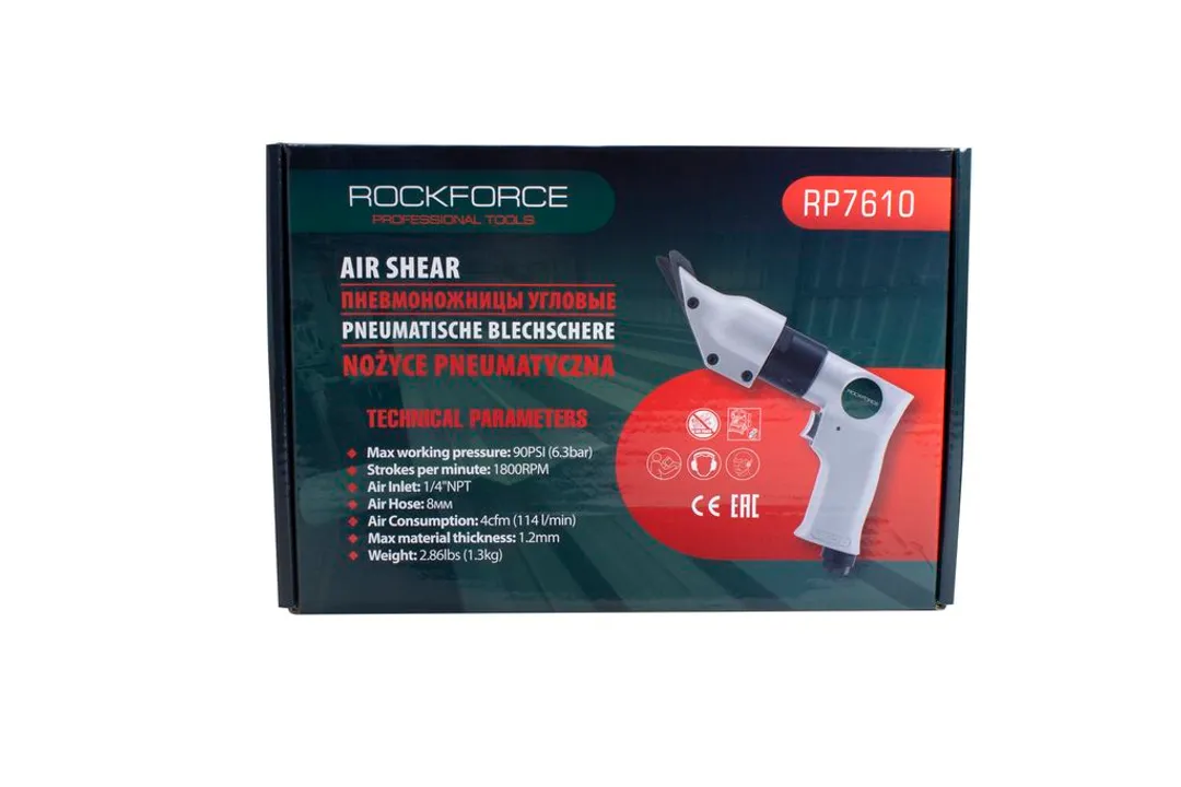 Пневмоножницы угловые 1800 рез/мин, max толщина реза-1.2 мм, 114л/мин ,6.3Bar, штуцер 1/4'' RockForce RF-RP7610