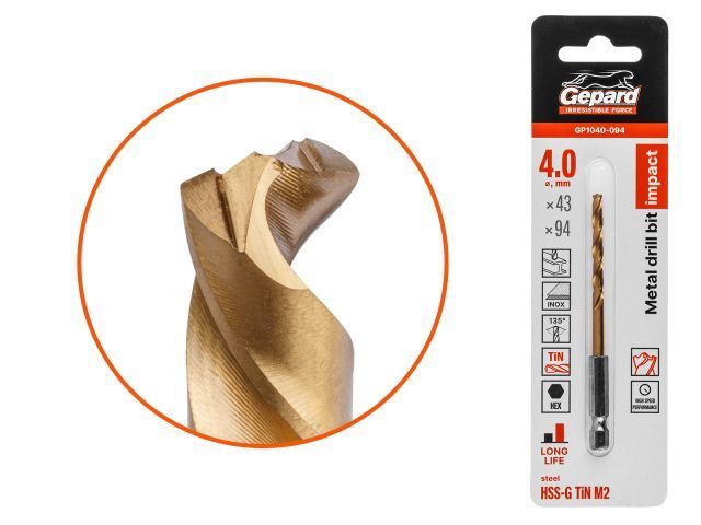 Сверло по металлу шестигр. 4.0х43х94 мм HSS-G TIN многогранная заточка GEPARD GP1040-094