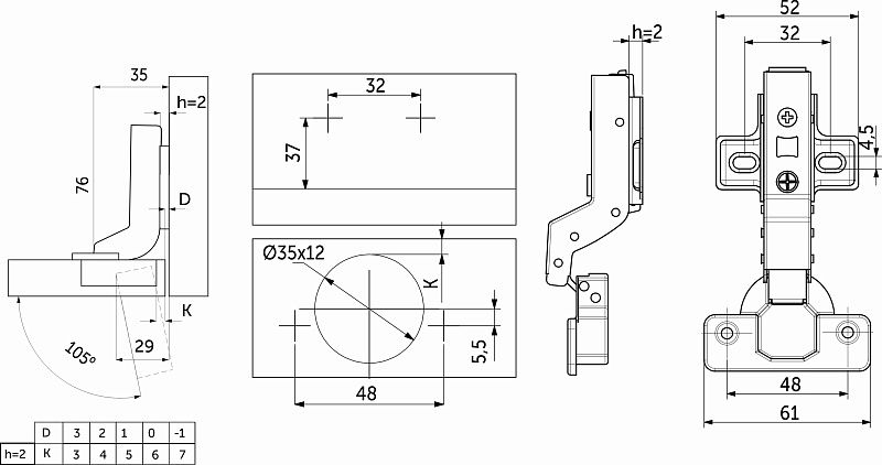 Петля внутренняя с доводчиком 48мм h2 clip-on, саморезы, заглушки, упак 2 шт., PRIME by AKS 112651