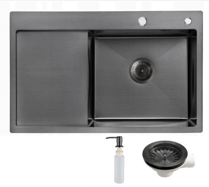 Мойка нерж. сталь, прямоугольная одночашевая, 780*490мм, графит, PVD покрытие, мойка справа, с крылом (3,2мм) AKS 106650