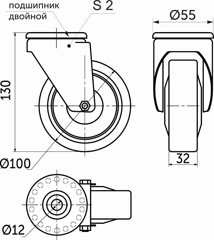Колесо меб. d100 h130 под винт М12, серый AKS 127058