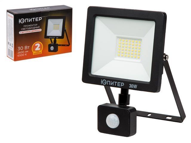 Прожектор светодиодный с датч. движ. 30 Вт 6500K, 2600 лм, холодный белый свет, Юпитер JP1221-30