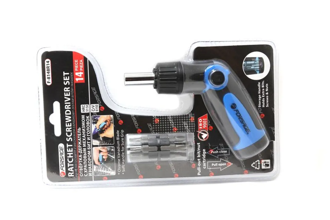 Отвертка поворотная реверсивная с набором бит 14 пр. CrV6150 Forsage F-8148R14