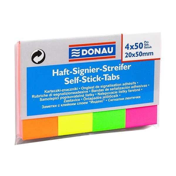 Закладки бумажные клейкие "Donau", 20x50 мм, 200 шт, ассорти