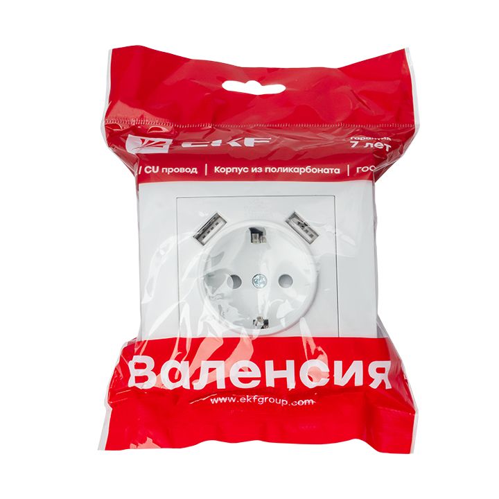 Валенсия розетка 1-местная с/з 16А белая с защ, штор, с 2 USB 2,1А EKF PROxima EWR16-028-10-2USB