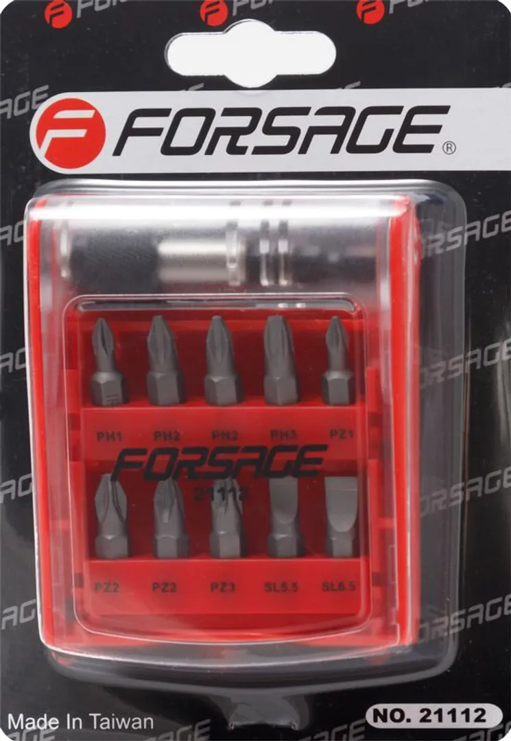 Набор бит PH, PZ, SL 1/4'' 11 пр. с битодержателем Forsage F-21112