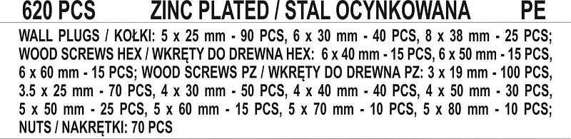 Набор шурупов с набором пластмассовых дюбелей 620 шт. Yato YT-36500