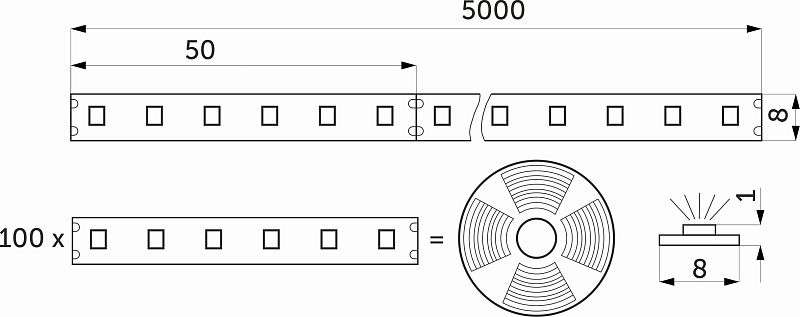 Лента светодиодная 9,6W/m, 24V, 8мм, 2835, 120 д/м, IP20, холодный белый, 6000K, CRI>80, 1100 Lm, 20м, AKS 115309