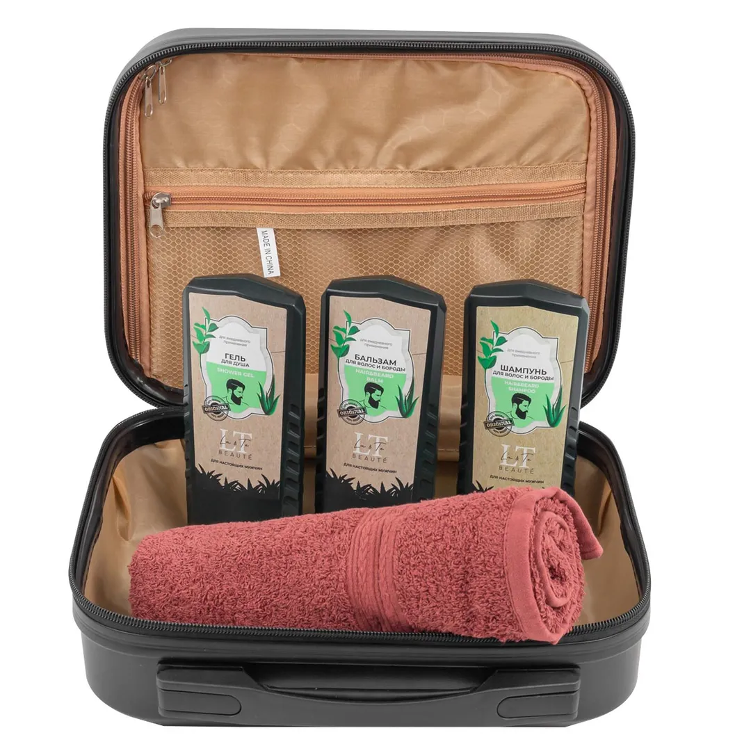 Набор, сумка черная2208#, гель для душа, бальзам для волос головы и бороды, шампунь для волос и бороды, полотенце-шоколад La and Te beaute LT15Bag