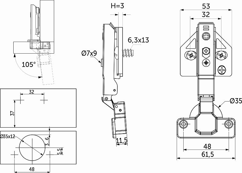 Петля накладная с доводчиком 48мм h3 clip-on 3D (еврошурупы, заглушки) AKS PLUS 104660