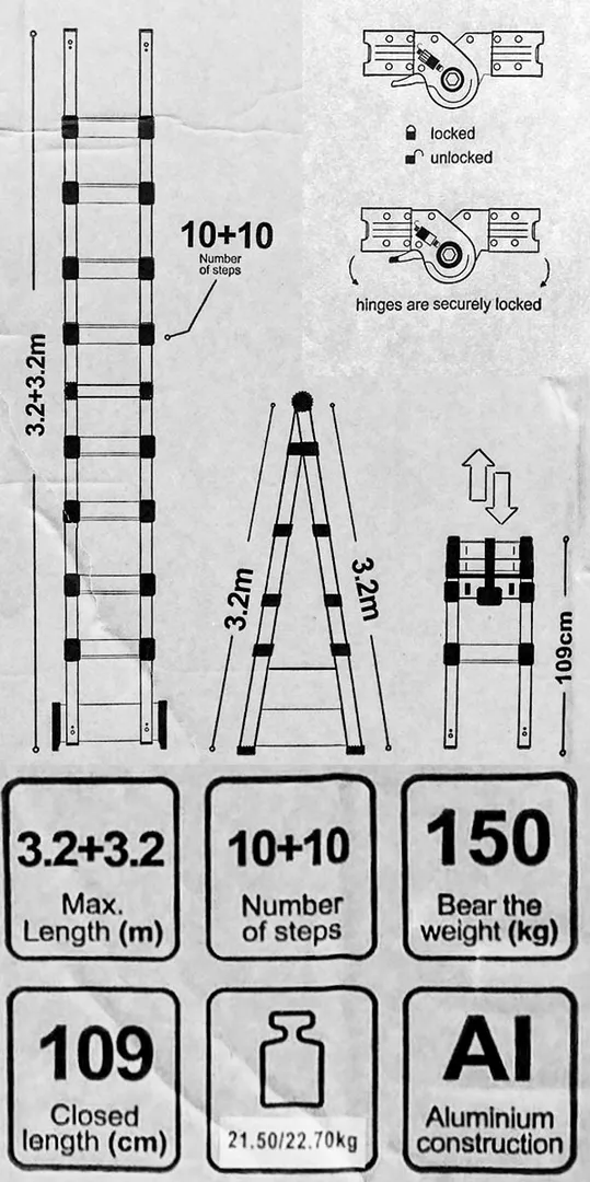 Лестница-стремянка телескопическая алюм. бытовая 3.2+3.2 м 10+10 ступ. Scheppach Sch-UP320-M
