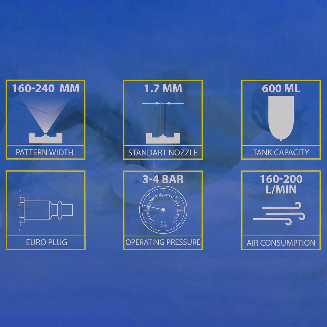 Краскораспылитель с верхним пластиковым бачком бачок 600 мл, сопло 1.7 мм Partner PA-H-827-3V