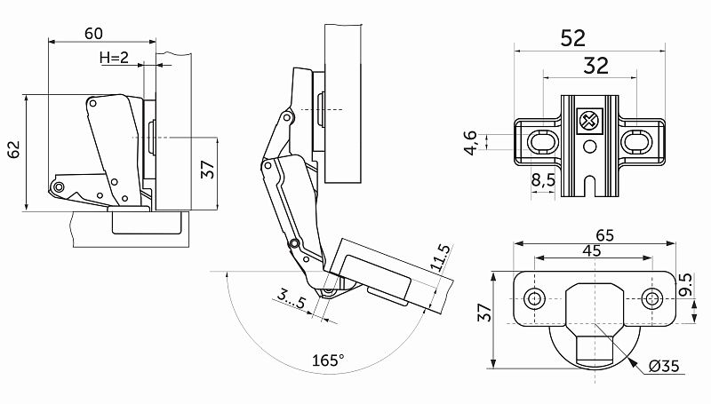 Петля 165° накладная с пружиной 45мм h2 slide-on AKS 123232