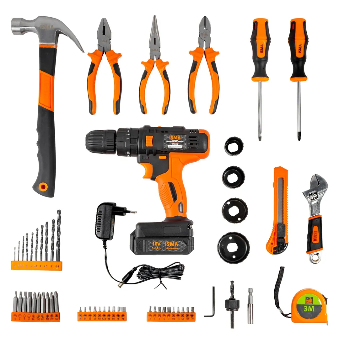 Аккумуляторный шуруповерт с набором инструментов 57 пр, 12V, 1.3Ah ISMA ISMA-1057