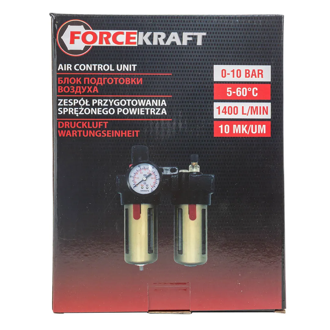 Блок подготовки воздуха 1/2'', фильтр-регулятор+лубрикатор, 10Мк, 1400 л/мин, 0-10bar, раб. t 5°-60° ForceKraft FK-BFC4000