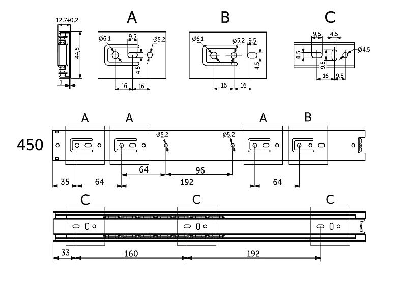 Направляющая шариковая L-450 h45 A черный PRIME by AKS 122748