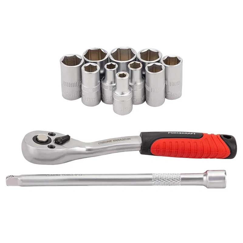 Набор головок 4-13 мм 1/4'' 6-гр, с трещоткой и удлинителем 12 пр ForceKraft FK-014-5 MSA