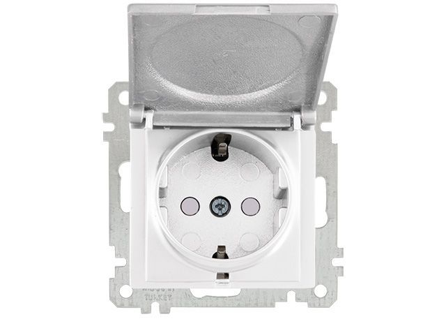 Розетка 1-ая, скрытая, без рамки, с/з, шторки, с крышкой, белая, DARIA, 16 A, 250 V, IP 20, Mutlusan 21006110201