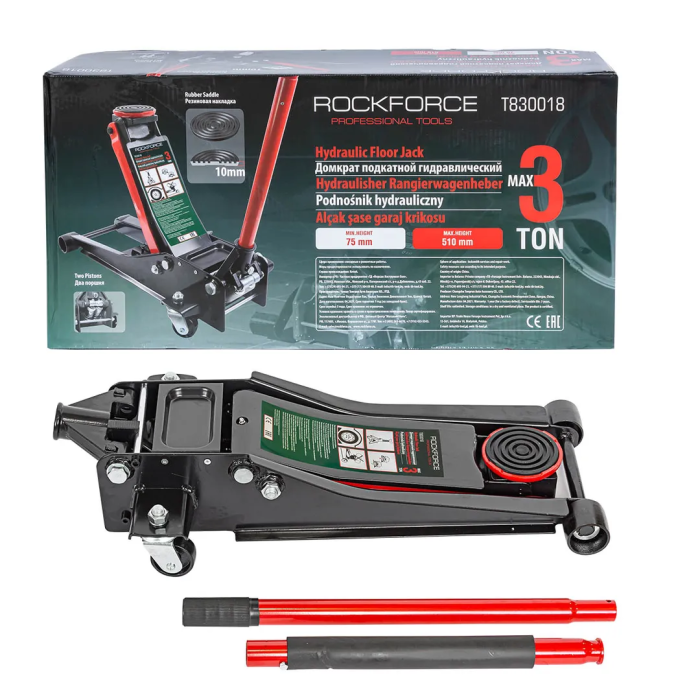 Домкрат подкатной гидравлический 3 т, 75-510 мм, низкопрофильный RockForce RF-T830018