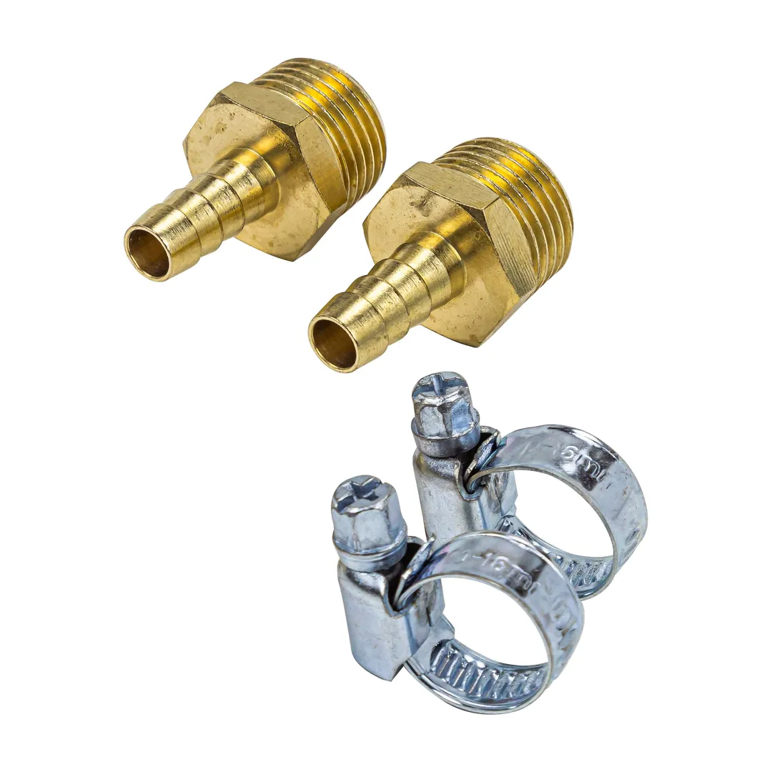 Переходник резьбовой, наруж. резьба 3/8"-"елочка" 8 мм, к-т 2 шт + хомуты для крепежа, в блистере RockForce RF-MH06/05