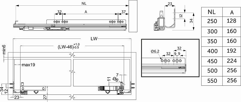 Направляющая скрытого монтажа L-250 с доводчиком ДСП до19mm с замками  QType полное выдвижение AKS 119900