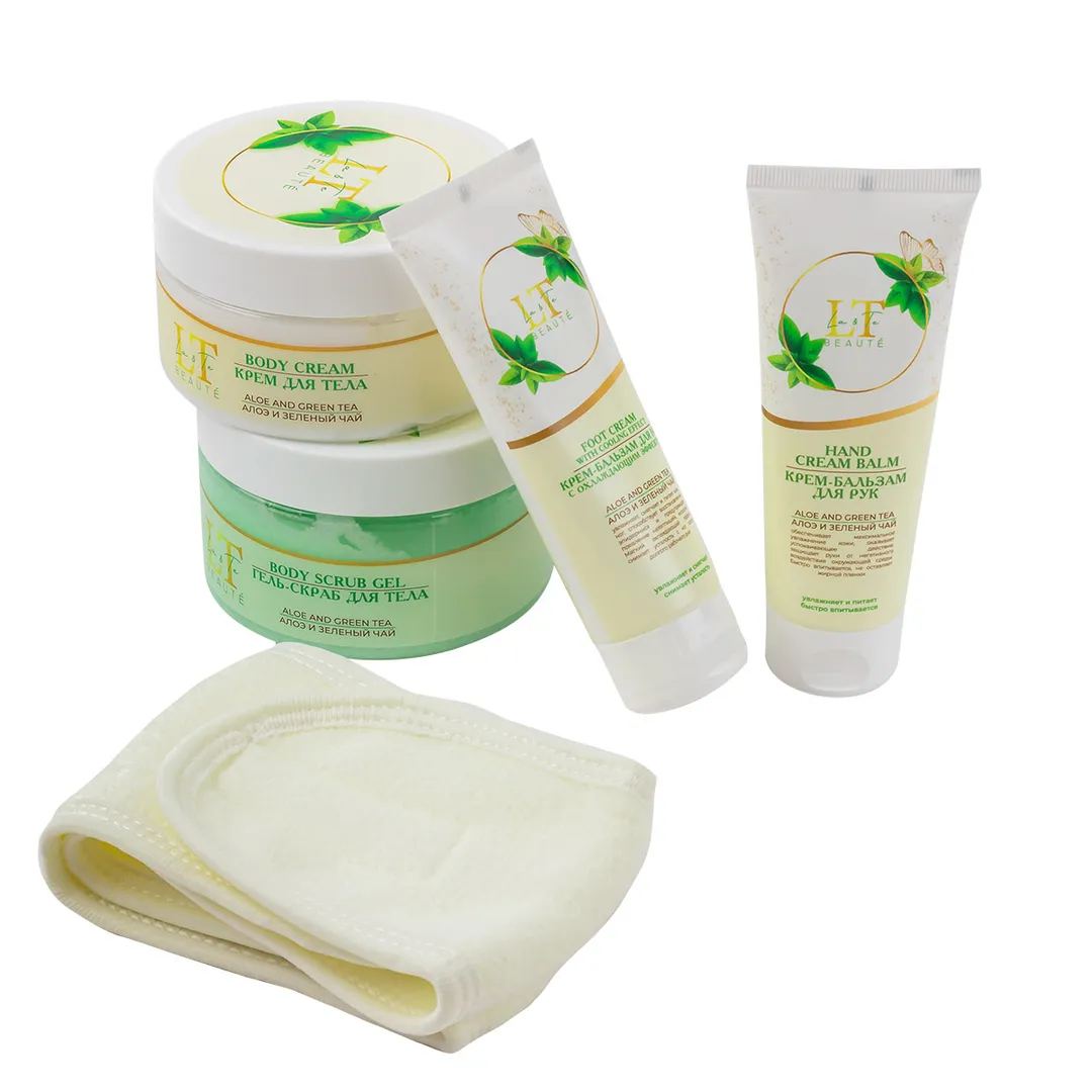 Набор Алоэ и зеленый чай, крем бальзам для рук, гель-скраб для тела, крем для тела, крем для ног, повязка на липучке La and Te beaute LT-40