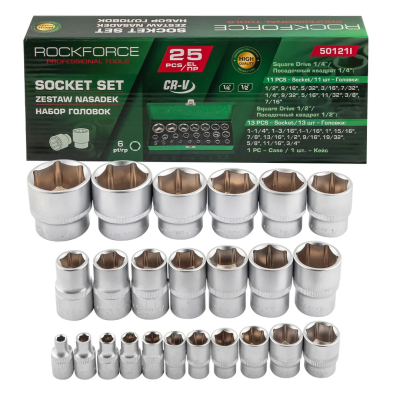 Набор дюймовых головок 1/4''&1/2'' 25 пр RockForce RF-50121I