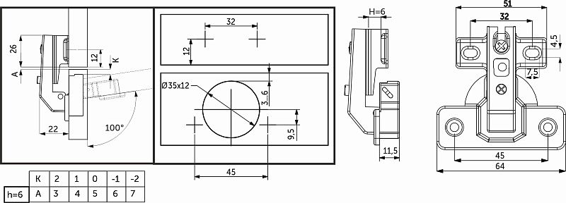 Петля под фальшпанель 90° с доводчиком 45мм h6 несъемная планка короткое плечо AKS 118112