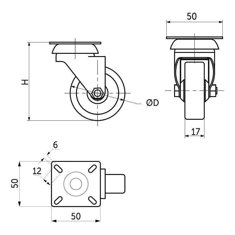 Колесо меб. TECH d50 h70 с площадкой, серый AKS 116693