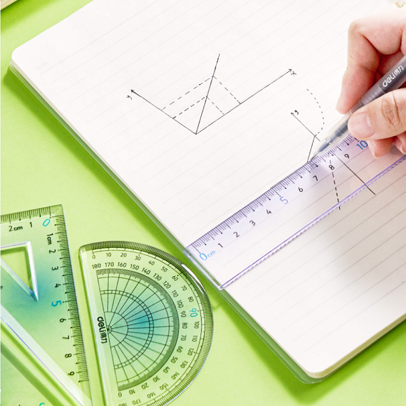Набор чертежный "Deli VC158": линейка 15 см, треугольник 45 и 60 гр, транспортир 180 гр, ассорти