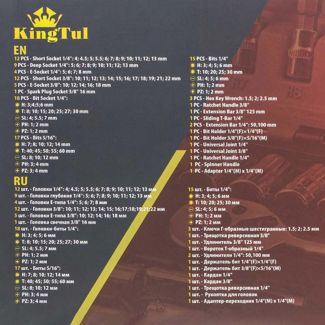Набор инструментов 108 пр. 1/4''&3/8'' 6-гр. KINGTUL KT-41082-5DS