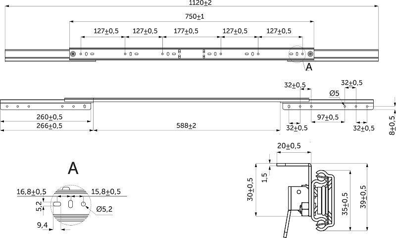 Механизм для раздвижных столов внешний синхронный со стопором L-750 мм AKS 114310