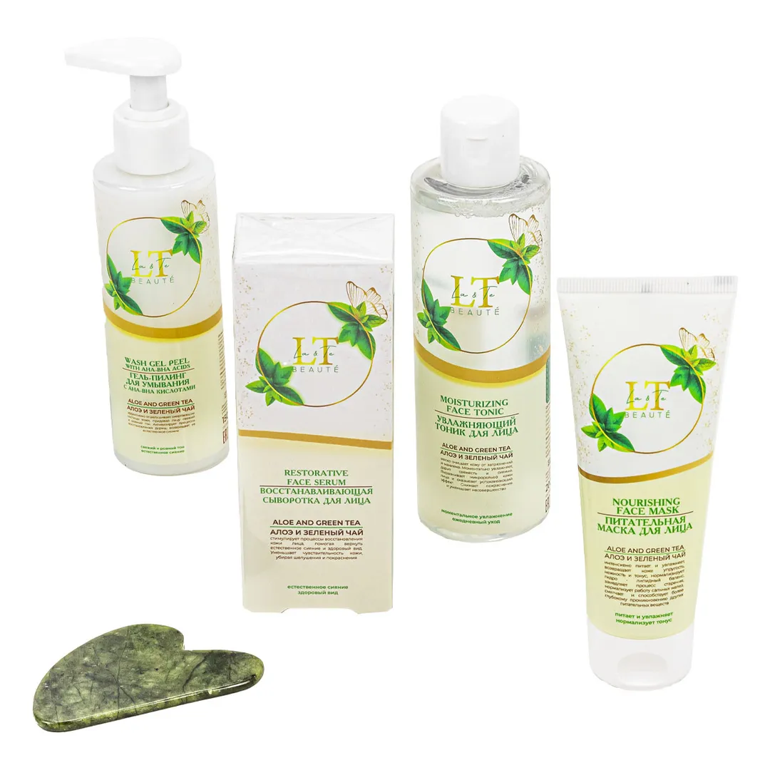 Набор Алоэ и зеленый чай, маска для лица, сыворотка для лица, гель-пилинг для умывания, тоник для лица, скребок гуаша La and Te beaute LT-42