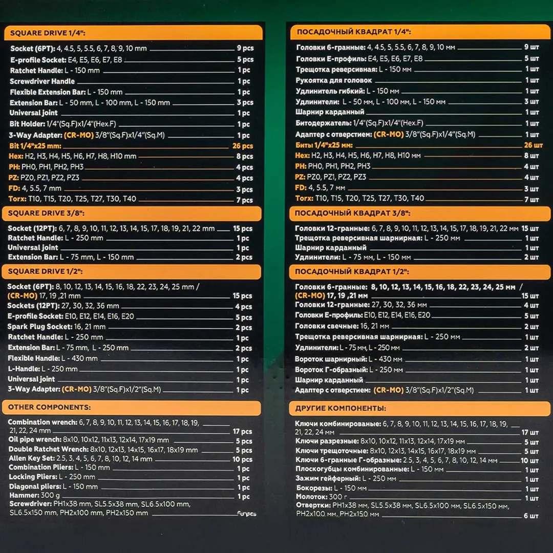 Набор инструментов 142+6 пр 1/4''&3/8''&1/2'' 6-гр RockForce RF-41421-5 GOLD