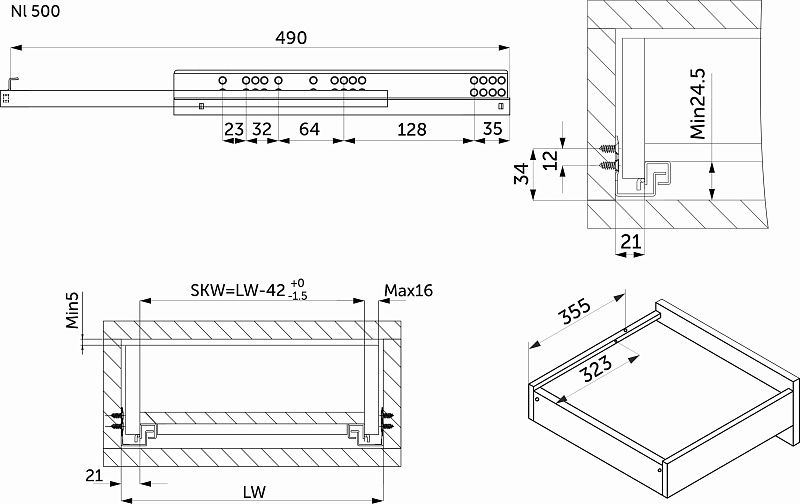 Направляющая скрытого монтажа L-500 с доводчиком ДСП до16mm насадной монтаж 3/4 с фиксаторами AKS 110162
