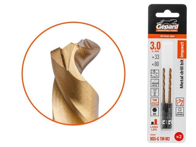 Сверло по металлу шестигр. 3.0х33х80 мм HSS-G TIN, 2 шт, многогранная заточка GEPARD GP1030-080