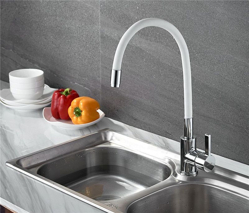 Смеситель для кухни с гибким изливом, латунь, хром + белый Ledeme L4898-3