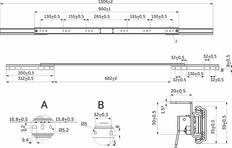 Механизм для раздвижных столов внешний синхронный со стопором L-900 мм AKS 114315