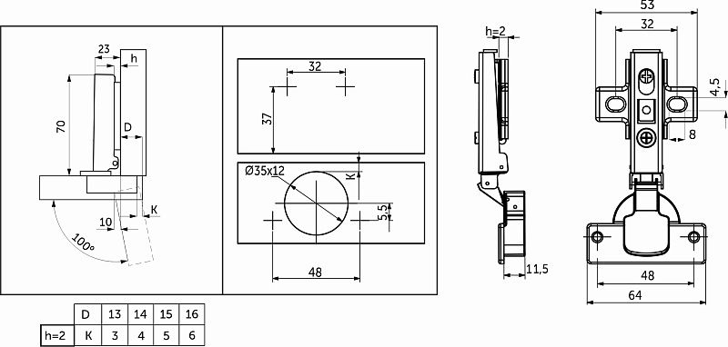 Петля накладная с доводчиком 48мм h2 clip-on AKS 113500
