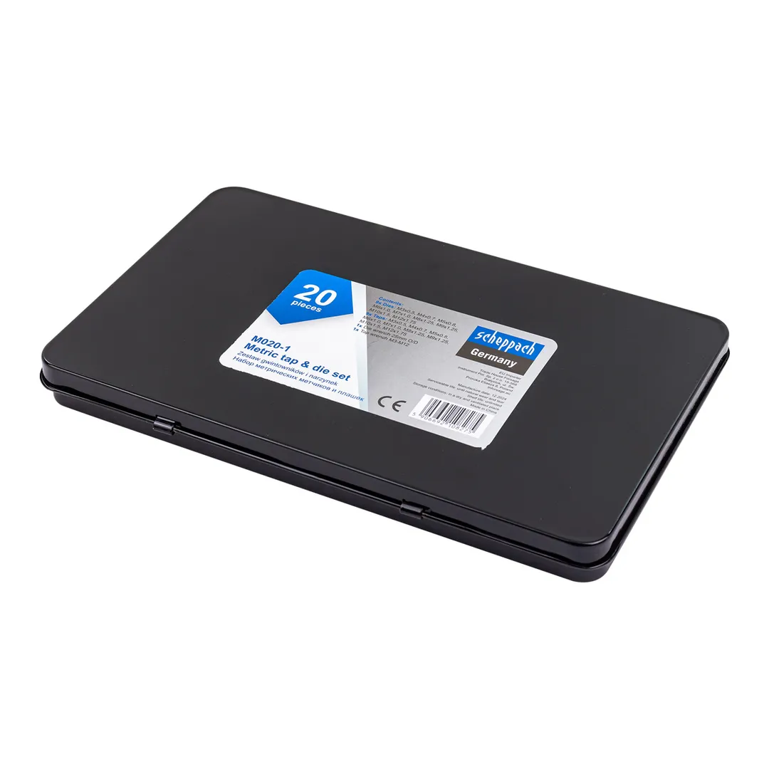 Набор метчиков и плашек метрический 20 пр М3х0.5, М4х0.7, М5х0.8, М6х1, М7х1, М8х1.25, М9х1.25, М10х1.5, М12х1.75 Scheppach Sch-M020-1