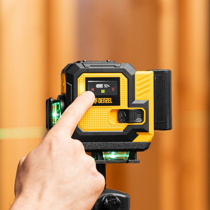 Лазерный уровень мультипризменный DLV-360-3T, 30 м, зеленый луч, Li-Ion 2,4 Aч, штатив Denzel 350805