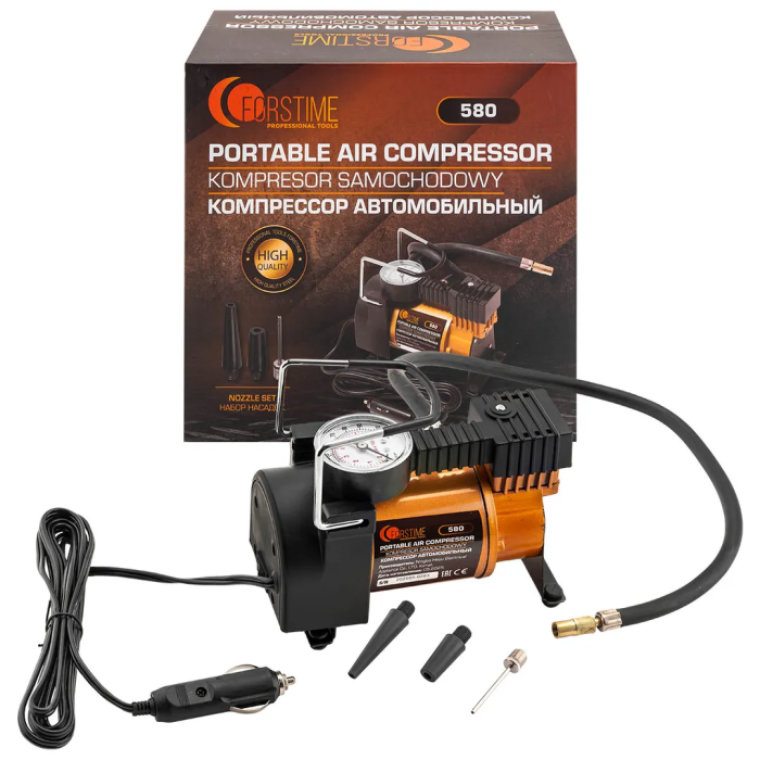 Компрессор автомобильный поршневой с аналоговым манометром, 12В, 10А, 30л/мин, 7бар, в сумке FORSTIME FT-580