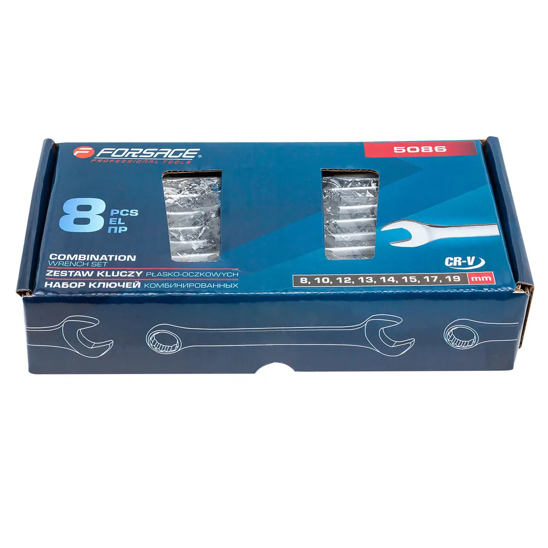 Набор ключей комбинированных 15°, 8 пр., 8, 10, 12-15, 17, 19 мм Forsage F-5086