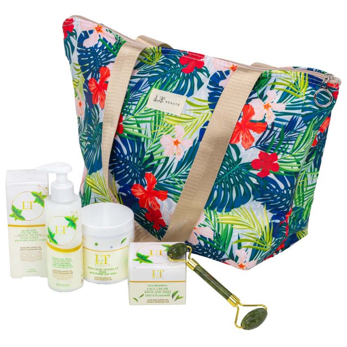 Набор Алоэ и Зеленый чай, термосумка LT-BS3, крем для лица, гель-алоэ для кожи вокруг глаз, гель-пилинг для умывания, ПЭДЫ демакияж, массажный ролик, зеленый La and Te beaute LT-24Bag