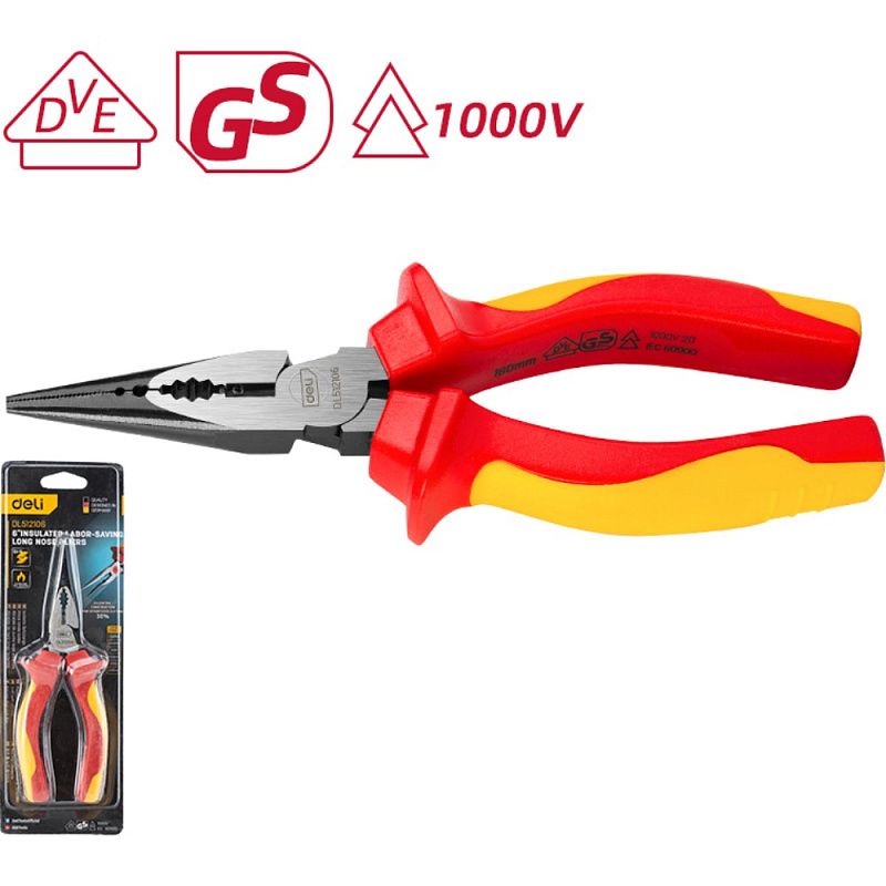 Длинногубцы "Deli", 165 мм, красный, желтый