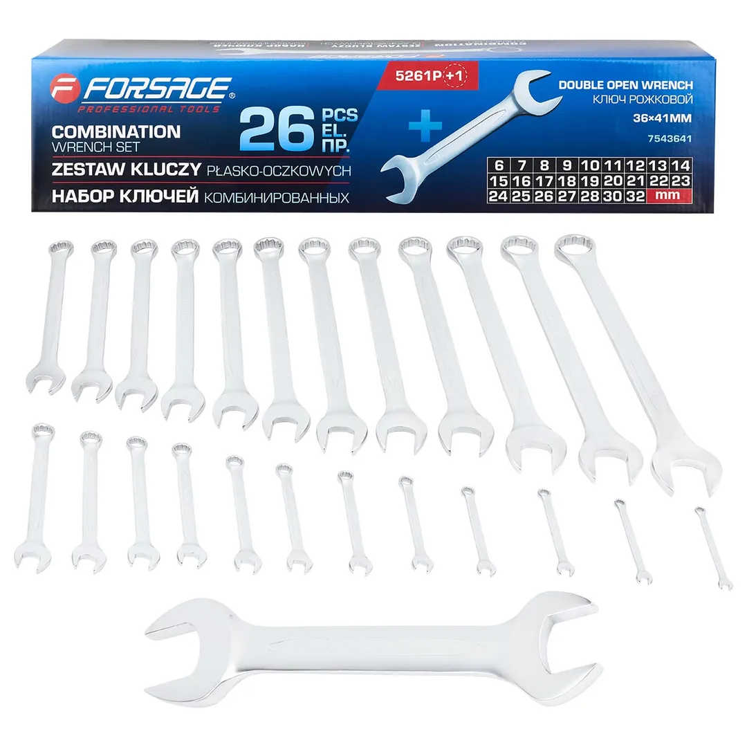 Набор ключей комбинированных 6-28, 30, 32 мм, ключ рожковый 36х41 мм 26 пр Forsage F-5261P+1