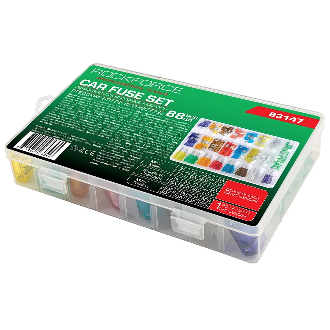 Набор автомобильных плавких флажковых предохранителей от 3А до 100А 88 пр RockForce RF-FS-100(83147)