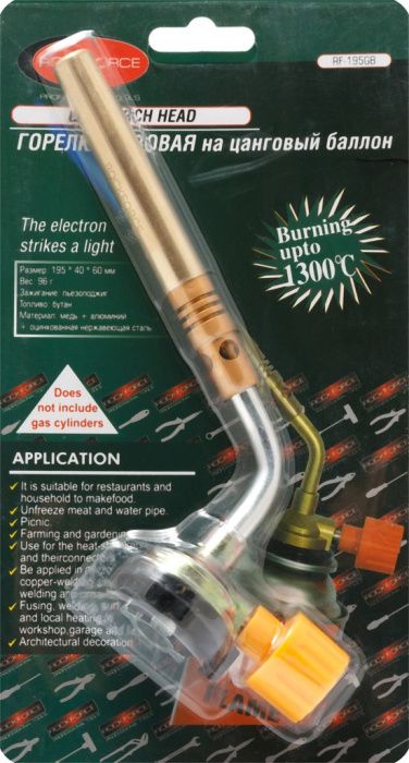 Горелка газовая на цанговый баллон t-1300 гр., L-195 мм RockForce RF-195GB
