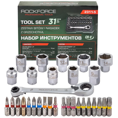 Набор головок 5-14 мм и бит PH, PZ, SL, HEX, Torx 1/4'', с трещеточным ключом 11х1/4" 31 пр RockForce RF-2311-5