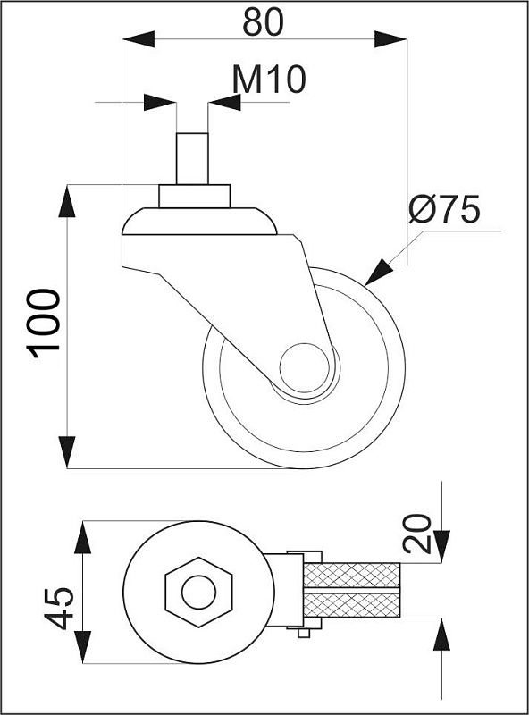 Колесо одинарное d75мм трубы d25 (512В) М10, черный AKS 105610